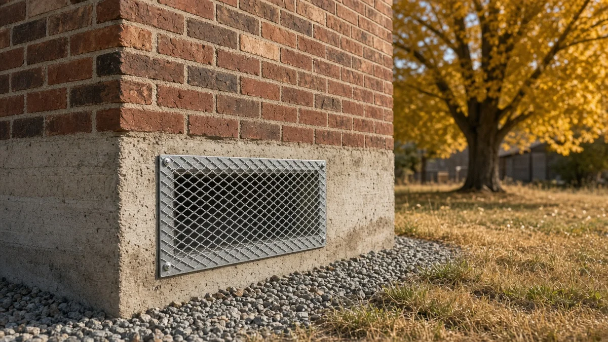 Crawl space vent on the foundation of an older brick home covered with a heavy steel mesh screen, with a cottonwood tree in fall color behind it.