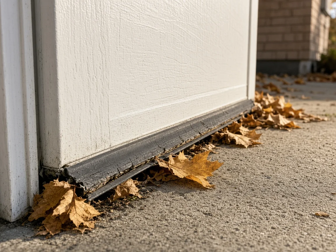Cracked rubber seal at the bottom corner of a garage door with fall leaves blown into the gap