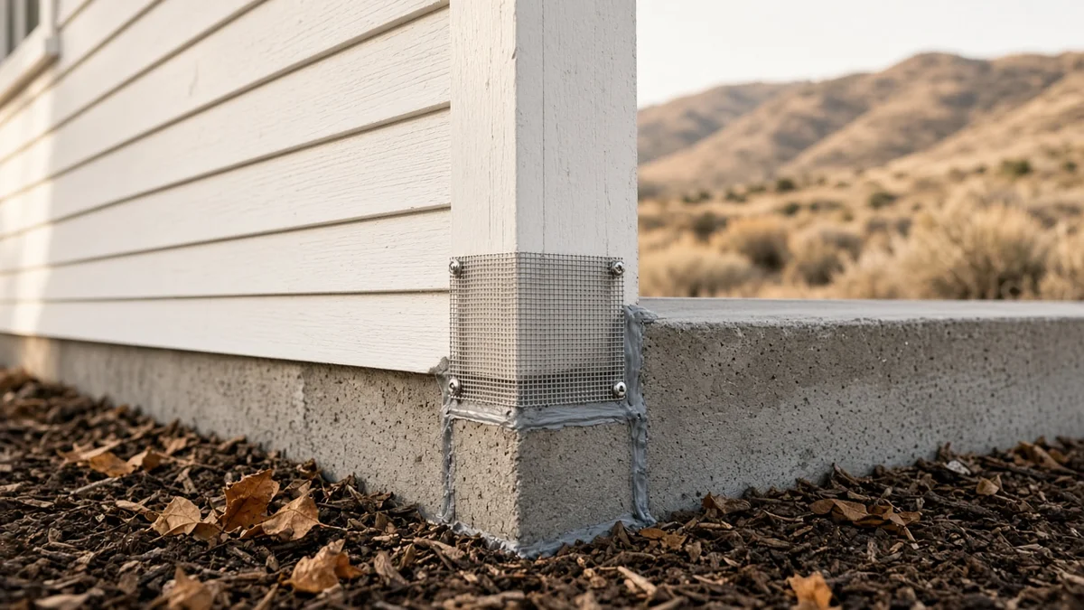 Steel mesh patch screwed over a gap at the base of a home's siding and sealed to the foundation, with sagebrush foothills in the distance.