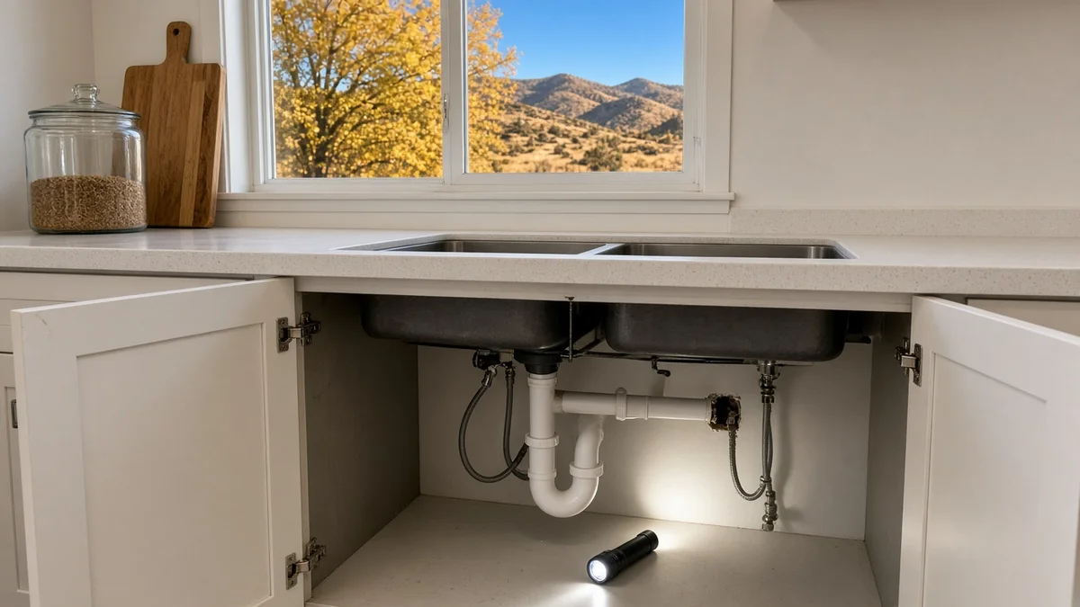 Open cabinet under a kitchen sink with a flashlight shining toward the drain pipe where it enters the wall, and autumn foothills visible through the window.