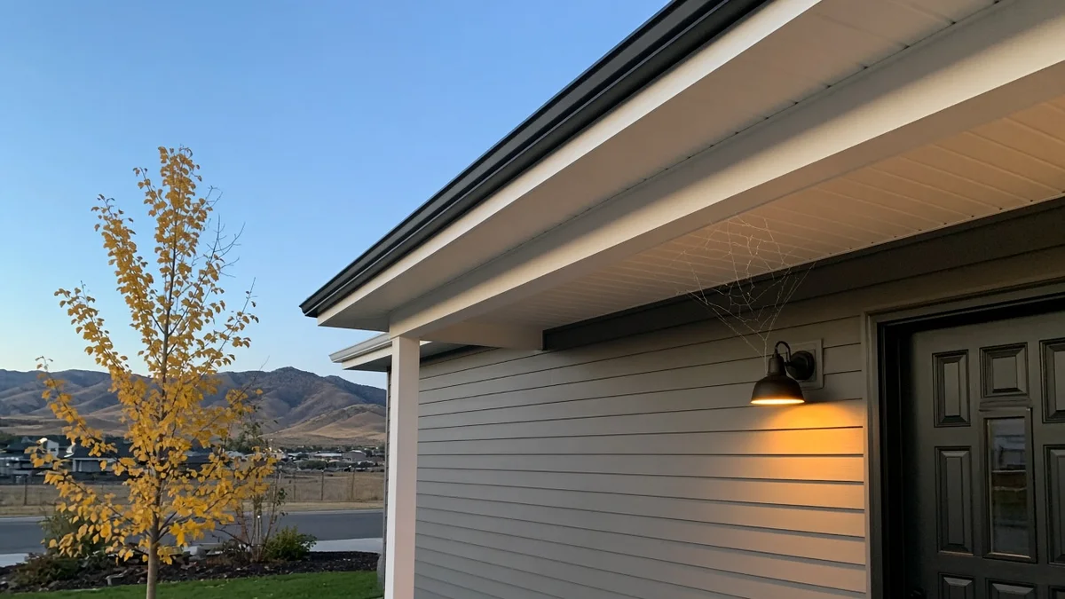 Spider web under the eaves beside a glowing porch light on a gray-sided home at dusk, with a young tree in fall color and foothills behind it.