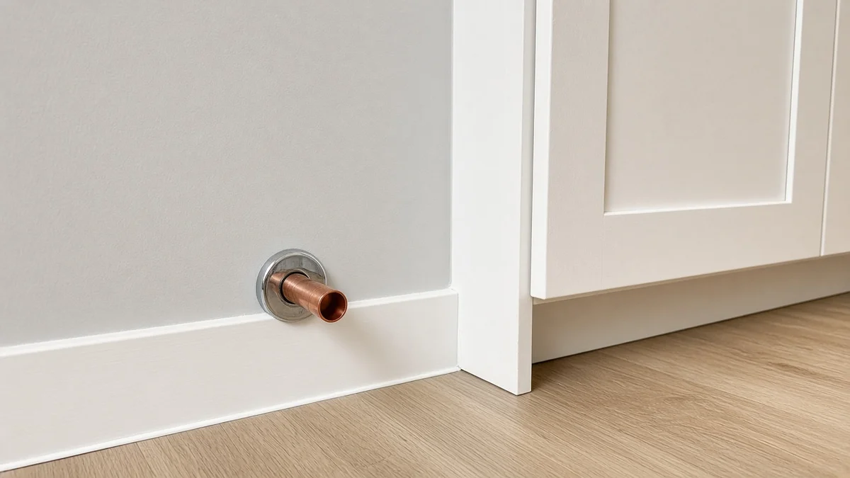 Copper water line coming out of a kitchen wall above the baseboard, sealed with a chrome escutcheon plate next to a white cabinet.