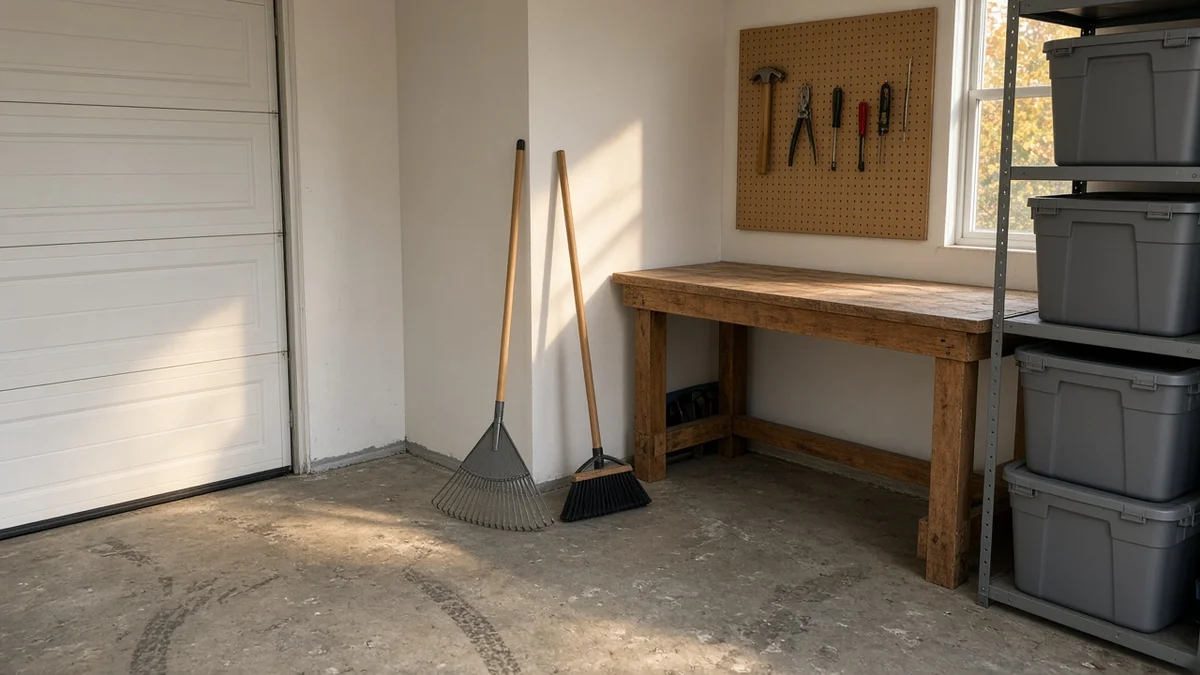Tidy garage corner with a closed garage door sealed at the floor, a workbench, a rake and broom, and lidded storage bins on a shelf.