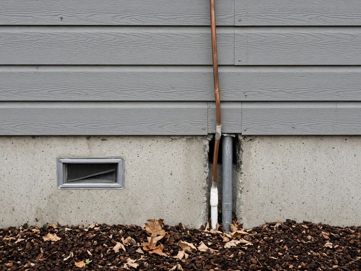 Unsealed gap around refrigerant and electrical lines entering a house foundation next to a crawl space vent
